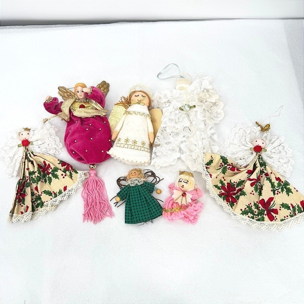 Angel Figure Christmas Ornaments Lot Mixed Fabric Lace Vintage Holiday Decor